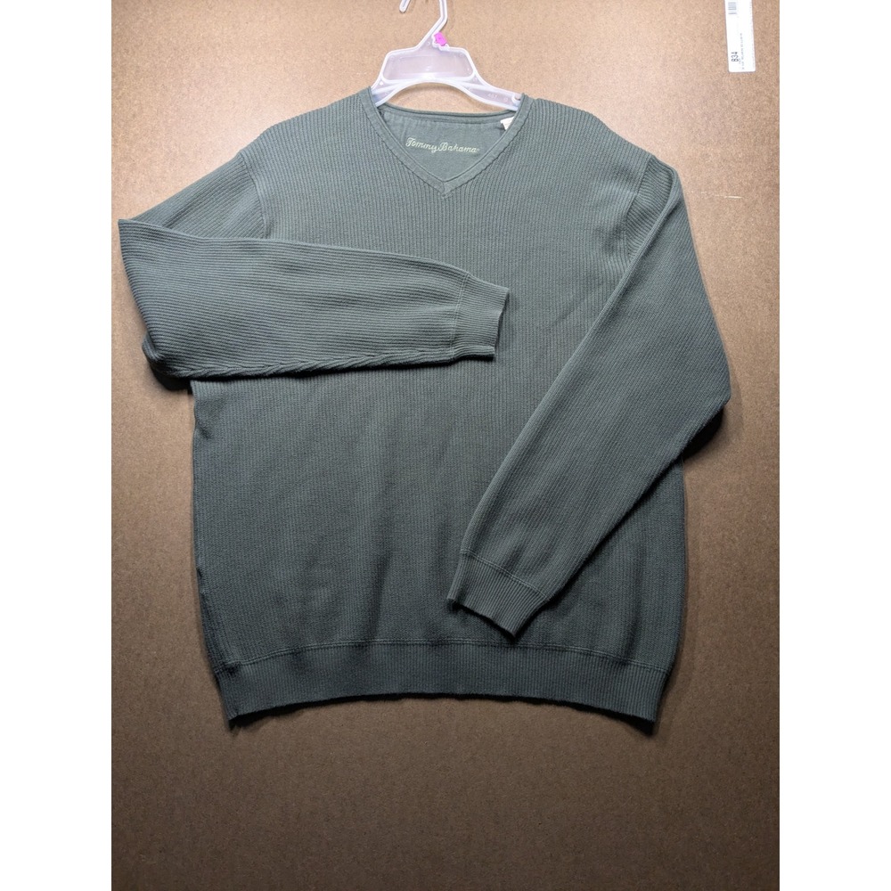 Tommy Bahama Mens XL Green Ribbed V-Neck Cotton Pullover Sweater